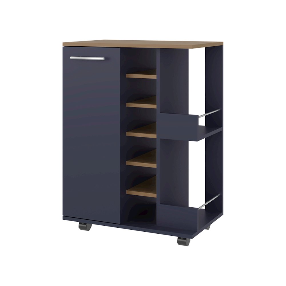 Searcy Bar Cart, 1 Door, 9 Shelves, Alby Blue / Natural Oak. Picture 1