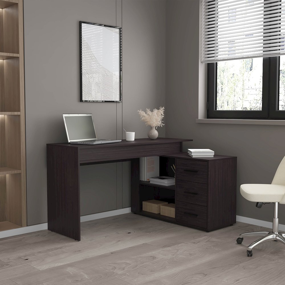 Neilton L-Shaped Desk, 3 Drawers, 2 Shelves, Black Wengue. Picture 4