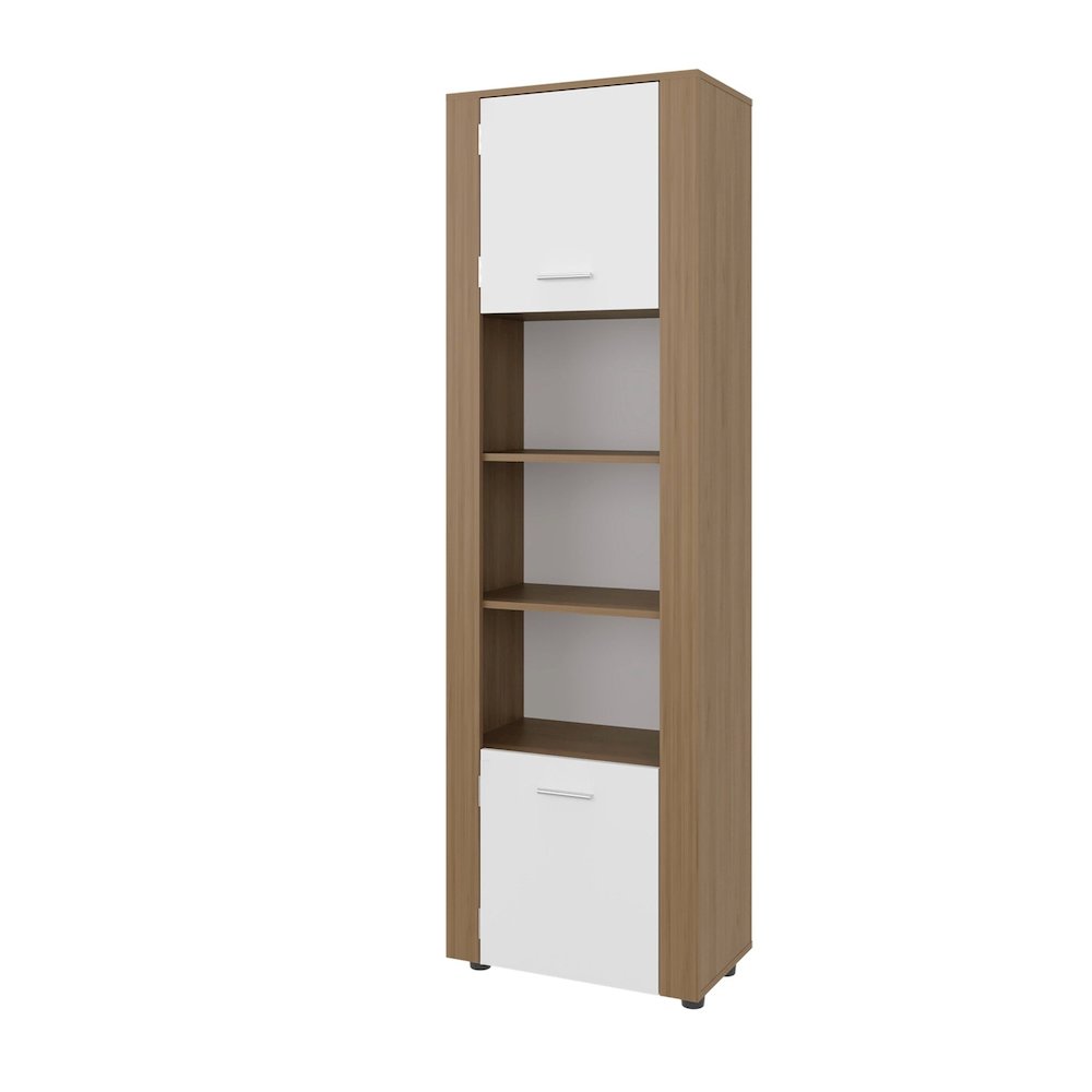 Bookcase with Upper and Lower Doors, Open Display Shelves, Natural Oak / White. Picture 8