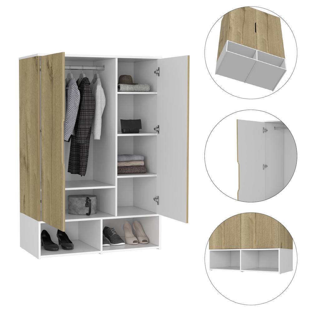DEPOT E-SHOP Bamboo Armoire-Two Doors, Five Shelves, Hanging Rod, Two Open Shelves-Light Oak/White, For Bedroom. Picture 2