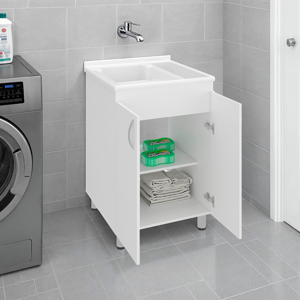 Dunn Freestanding Utility Tub Cabinet with 2 Doors, 2 Interior Shelves, White. Picture 2