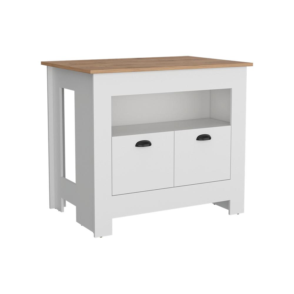 Floyd 35" H Kitchen Island, whit  2 doors, 3 shelves, White/Macadamia. Picture 1