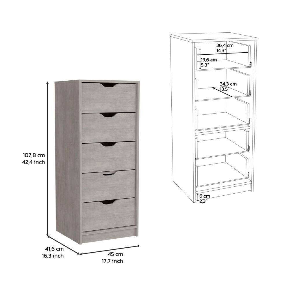 5 Drawers Narrow Dresser, Slim Storage Chest of Drawers, Concrete Gray -Bedroom. Picture 7
