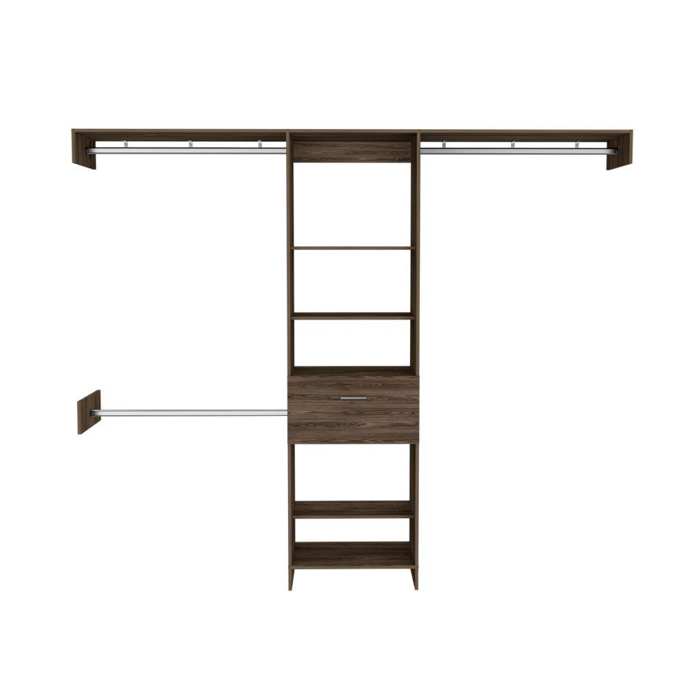 DEPOT E-SHOP Brisk Closet System, One Drawer, Three Metal Rods, Five Open Shelves-Dark Walnut, For Bedroom. Picture 2