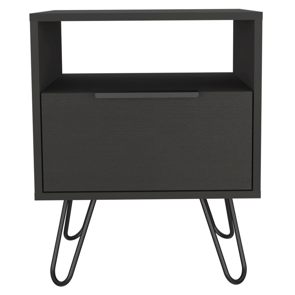 DEPOT E-SHOP Begonia Night Stand-Two Shelves, One-Door Drawer, Four Steel Legs-Black, For Bedroom. Picture 1