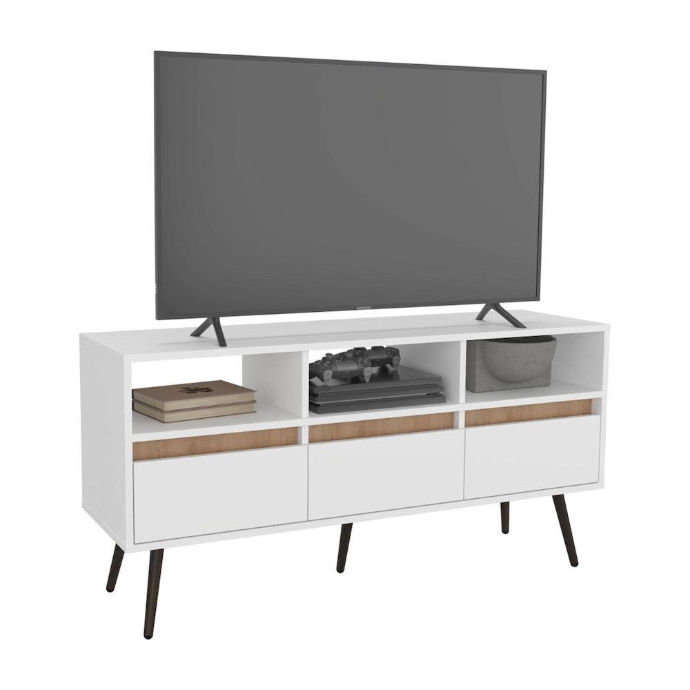 Barrow TV Stand, 3 Drawers, 3 Shelves, White / Natural Oak. Picture 4
