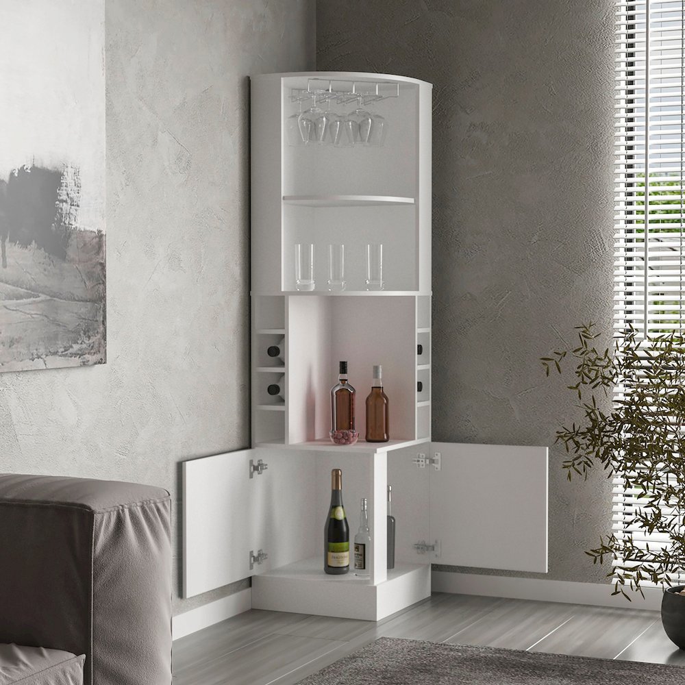 Cairo Corner Bar Cabinet with Double Door Cabinet, Glass Rack. Picture 7