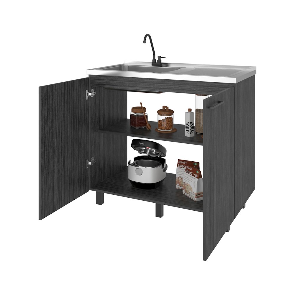Utility Base Cabinet, Stainless Steel Countertop, 2-Door, Smokey Oak. Picture 7