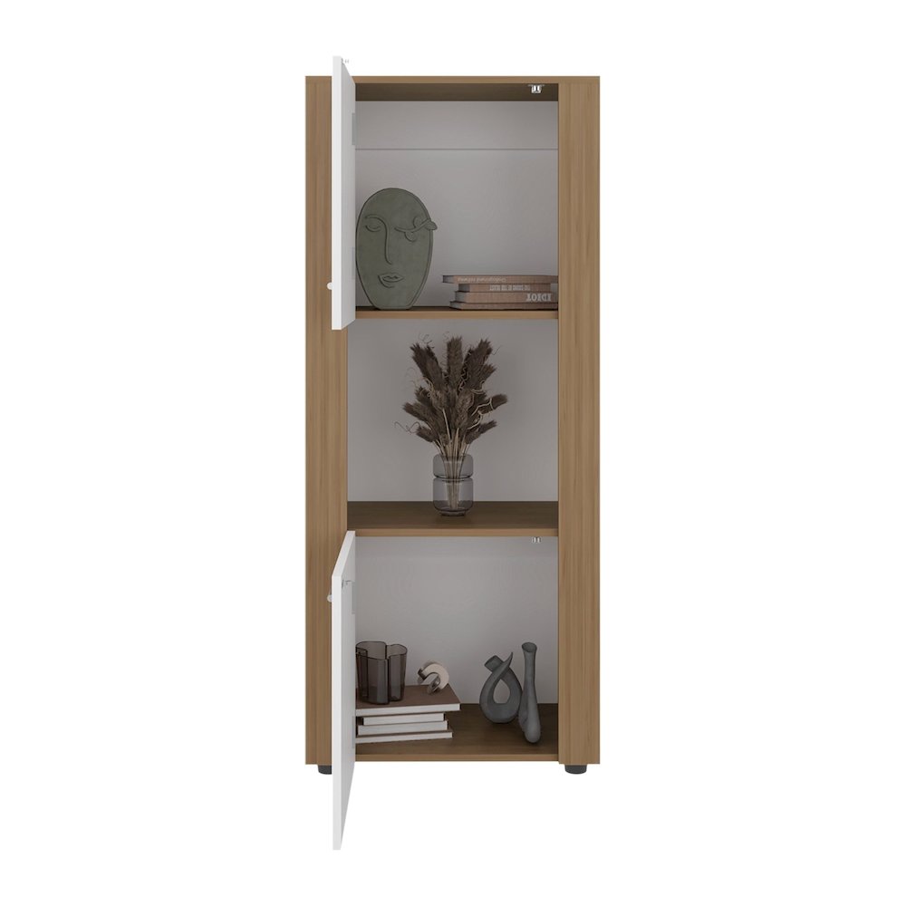 Bookcase with Upper and Lower Doors, Open Center Shelf, Natural Oak/White. Picture 4