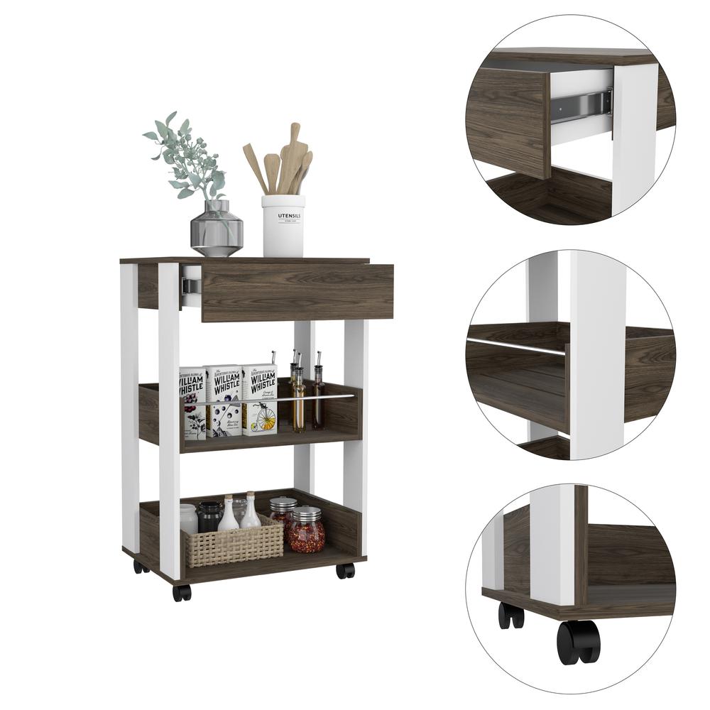 DEPOT E-SHOP Pillar Kitchen Cart, Four Caster Wheels, Three Shelves, Countertop-White Dark Walnut. Picture 2