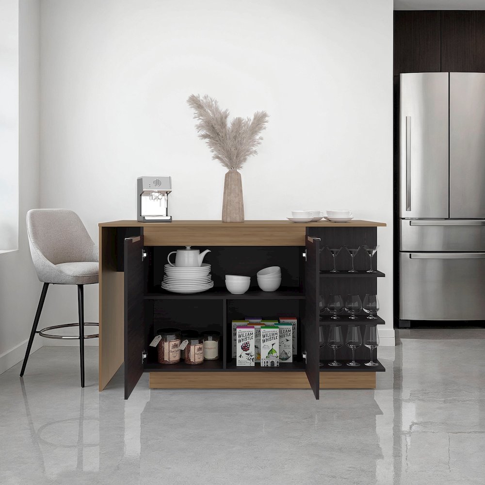 Dwight Kitchen Bar Counter with Shelves and Cabinets, Black Wengue / Natural Oak. Picture 2