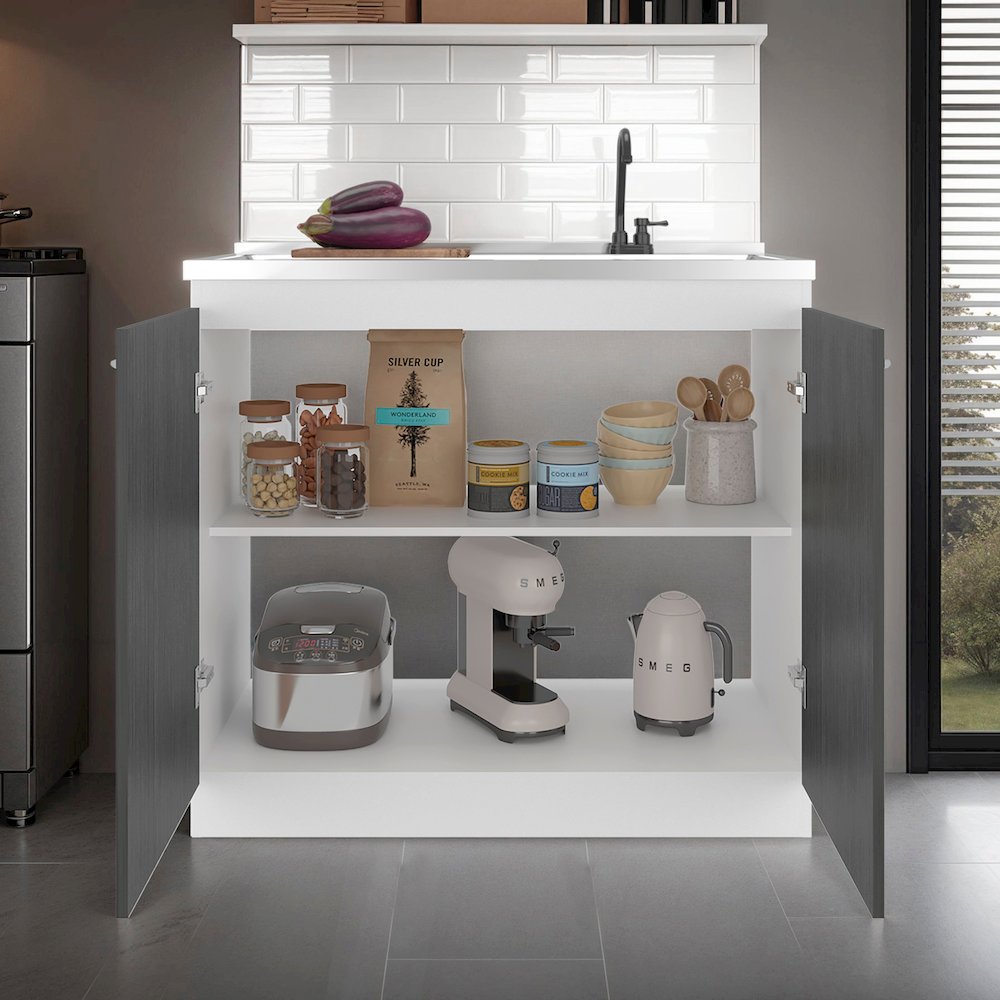 Salento Freestanding Sink, Double Door Cabinet, White / Smokey Oak. Picture 2