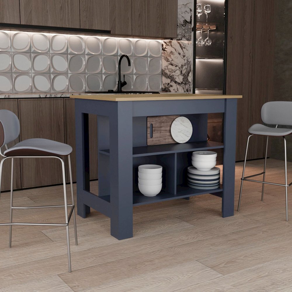 Manila Kitchen Island, 3 Shelves, Alby Blue / Natural Oak. Picture 4