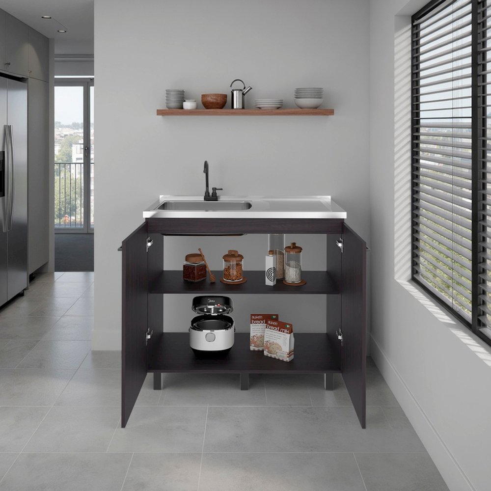 Utility Base Cabinet, Stainless Steel Countertop, 2-Door, Black Wengue. Picture 2