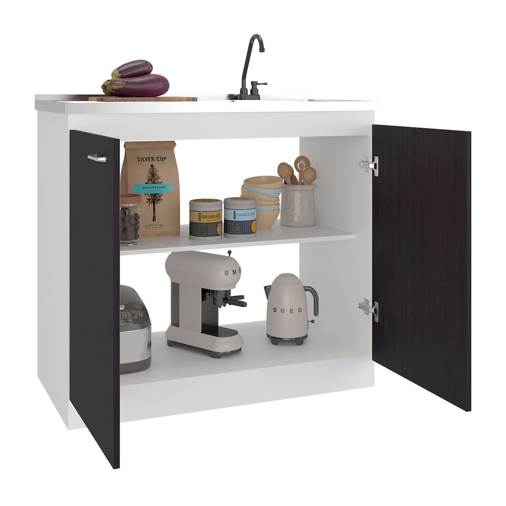 Salento Freestanding Sink, Double Door Cabinet, Two Shelves, White/Black Wengue. Picture 7