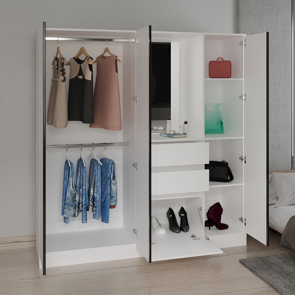Deseret Armoire, 4 Doors, 2 Drawers, 5 Shelves, 1 Mirror, White. Picture 4