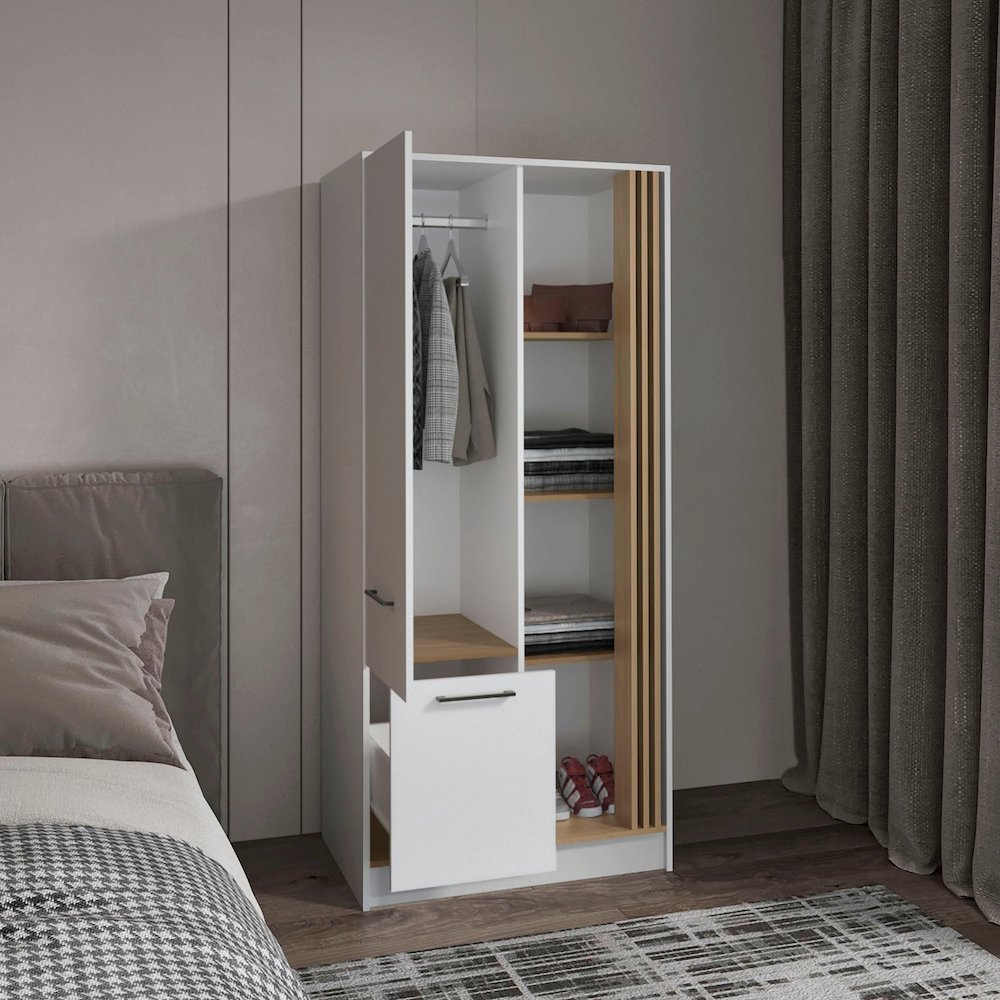 Ferndale Armoire, 1 Door, 1 Drawer, 5 Shelves, White/Natural Oak. Picture 4