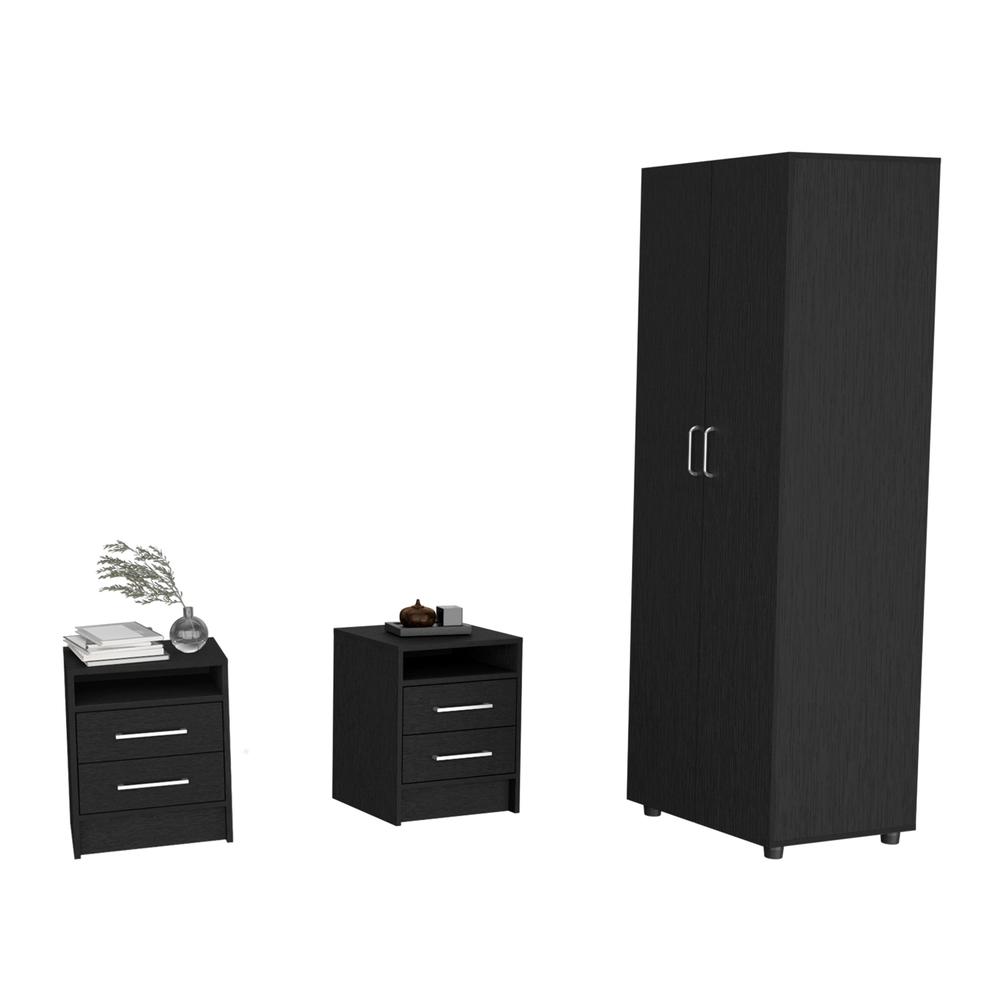 Dunlap 3 Piece Bedroom Set, London Armoire + 2 Leyva Nightstands, Black. Picture 1