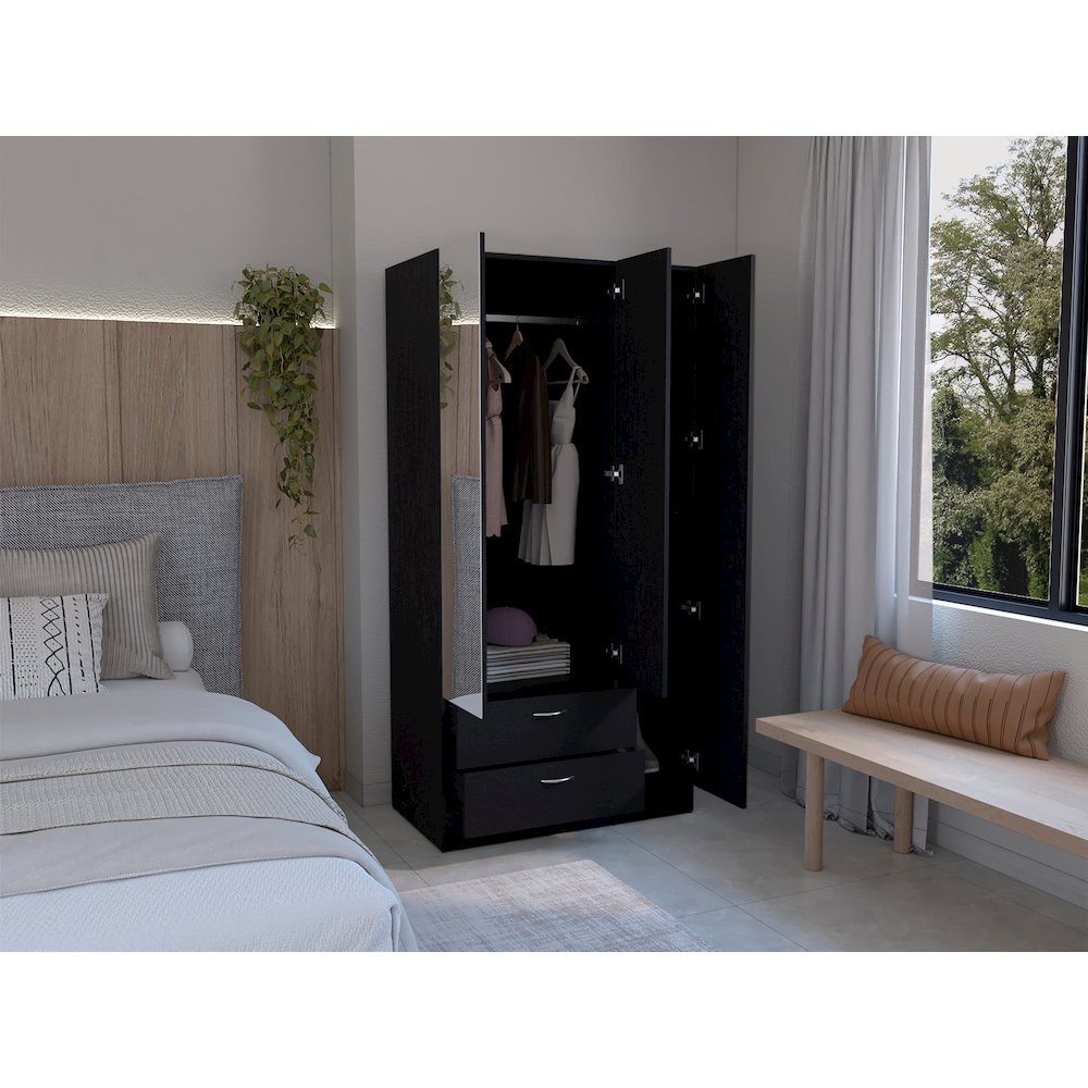 Twardrobe with 3 doors, one with mirror, two drawers, four shelves,Black. Picture 5