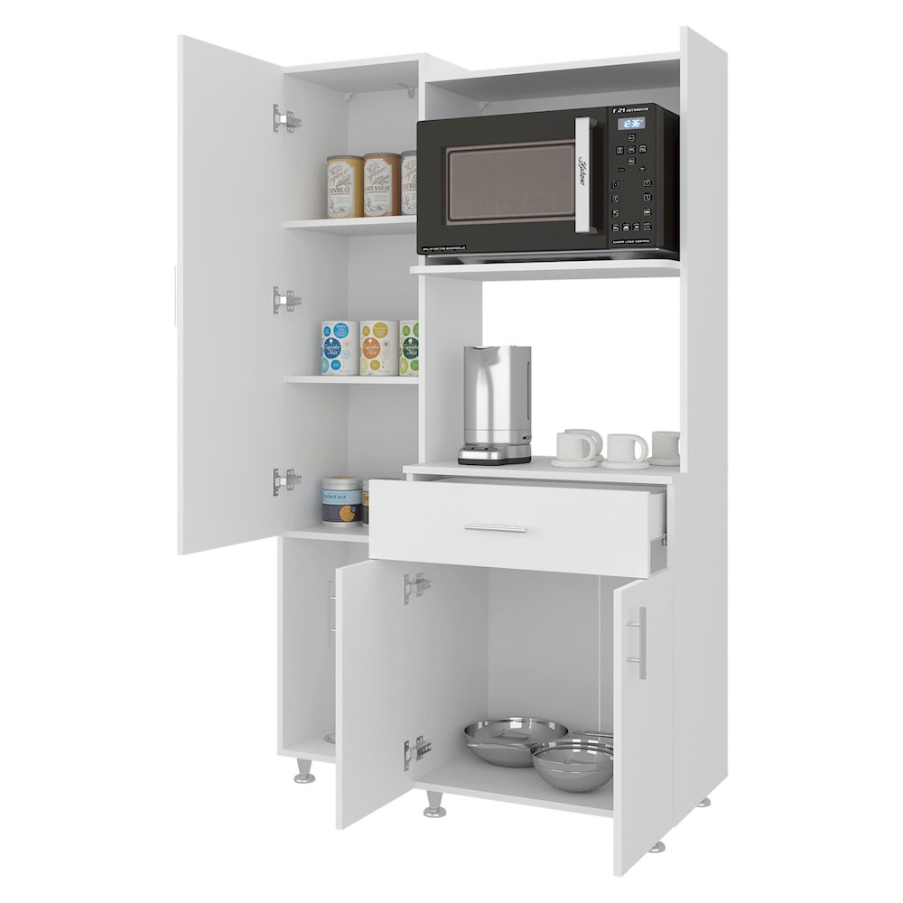 Kitchen Storage Cabinet with 6 Shelves, Storage Drawer, Microwave Space, White. Picture 7
