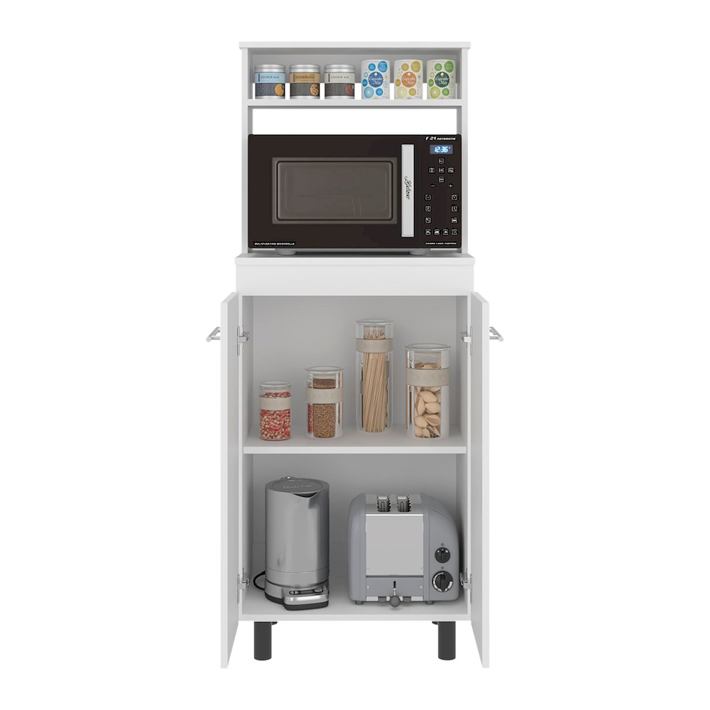 Enderlin Microwave Stand with 3 Shelves, 2 Doors, 4 legs and Cabinet, White. Picture 4