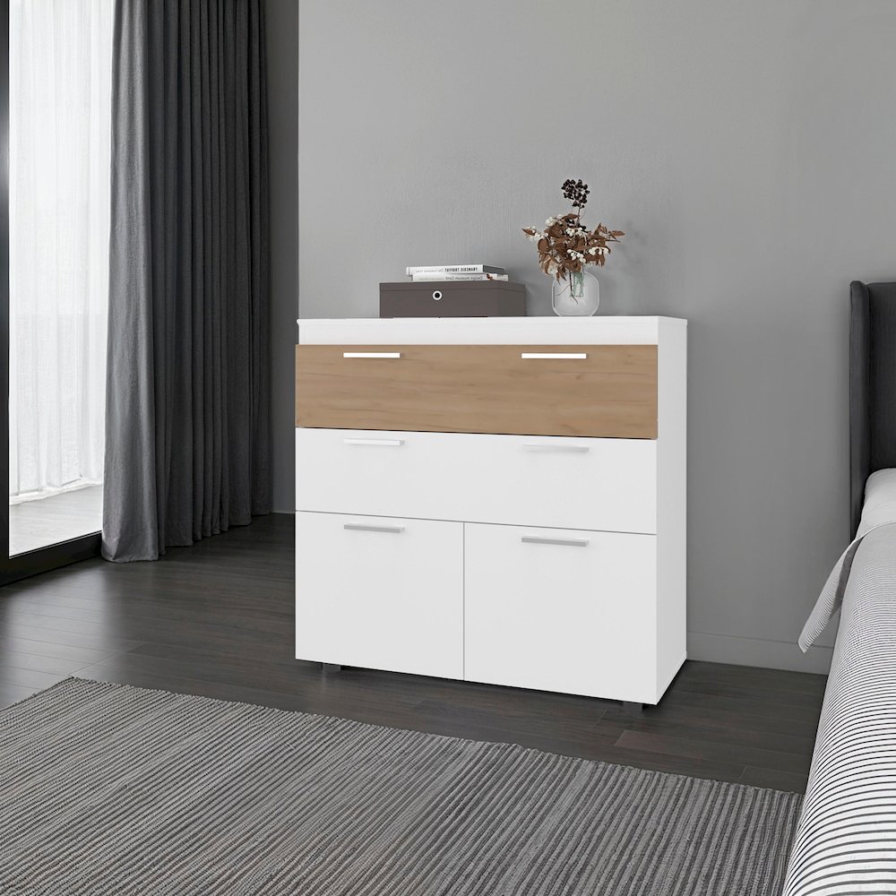 Dresser with Tilt-Out Drawers and Lower Cabinet Storage, White/Natural Oak. Picture 1