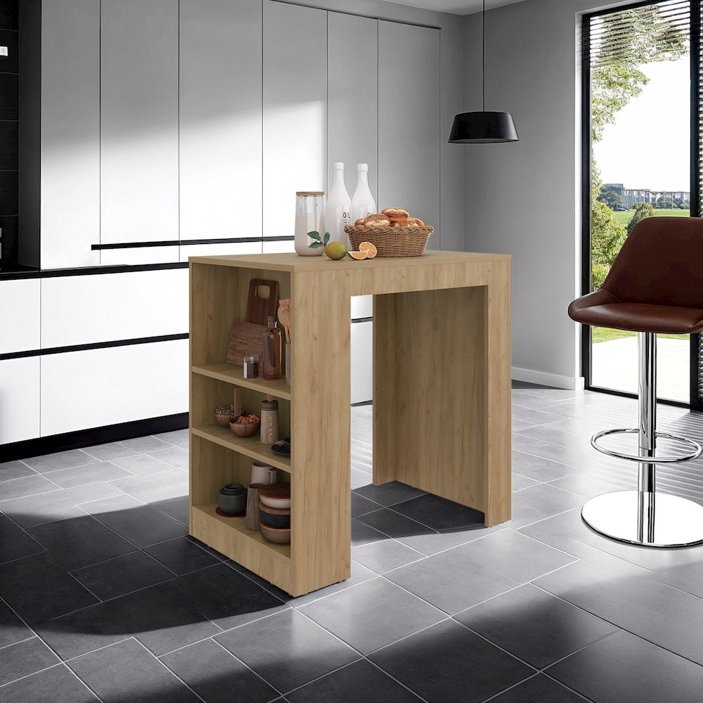 Lacour Kitchen Island, Kitchen Bar Table with 3-Side Shelves, Natural Oak. Picture 1