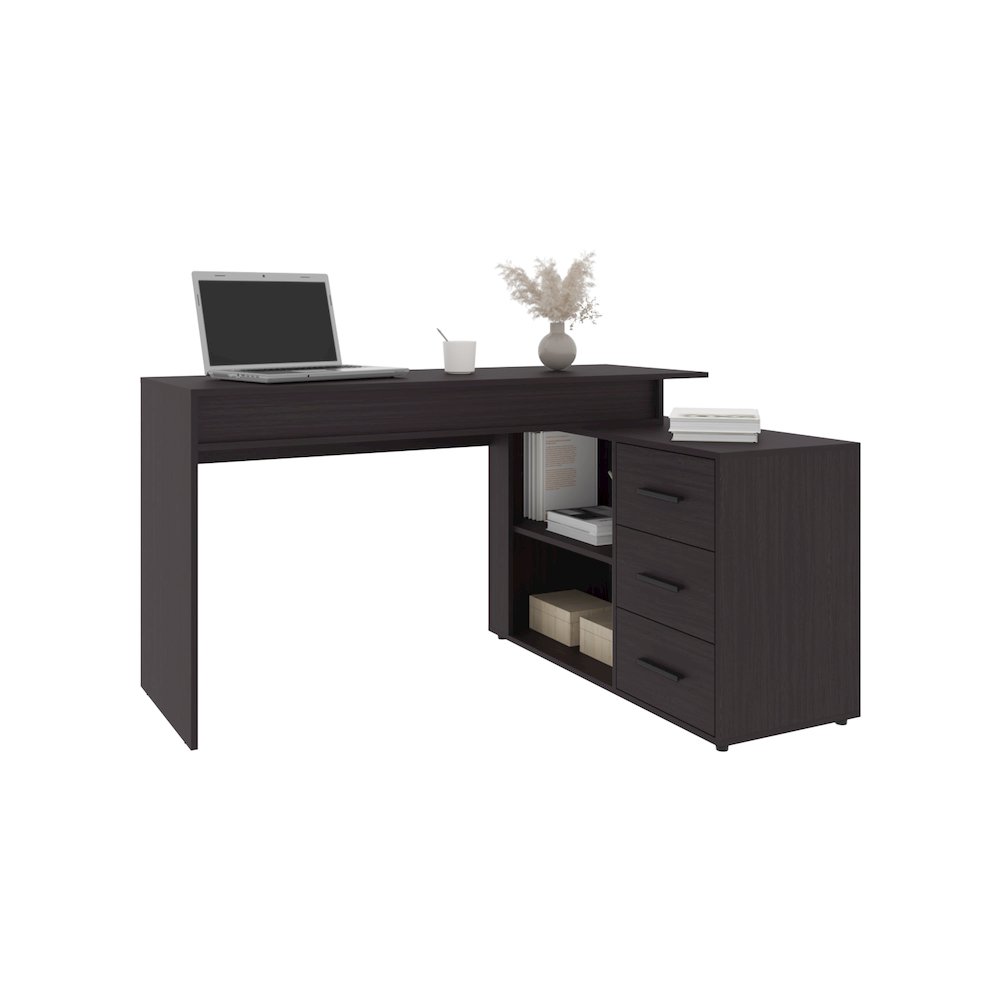 Neilton L-Shaped Desk, 3 Drawers, 2 Shelves, Black Wengue. Picture 3