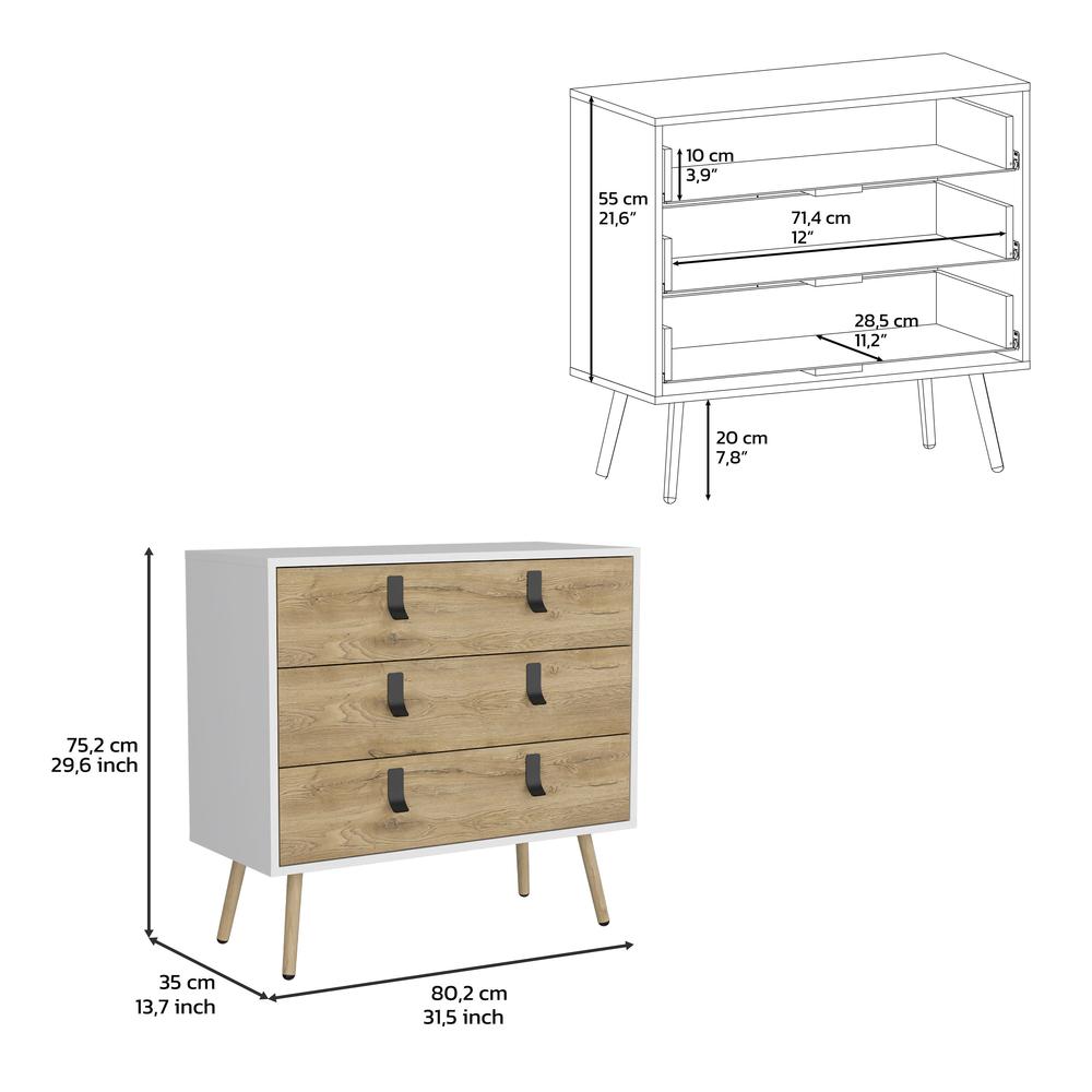 Toka 3 Drawers Dresser with Handles and Wooden Legs, White / Macadamia -Bedroom. Picture 7