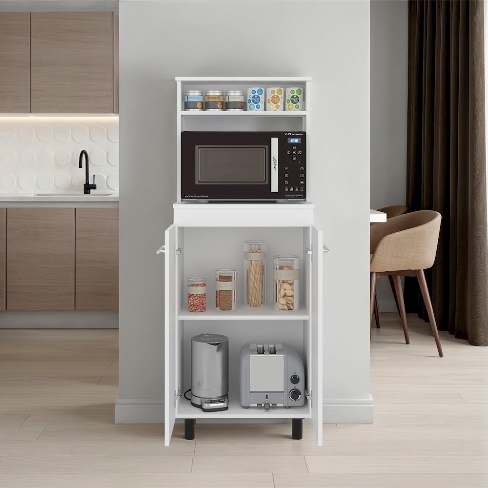 Enderlin Microwave Stand with 3 Shelves, 2 Doors, 4 legs and Cabinet, White. Picture 2