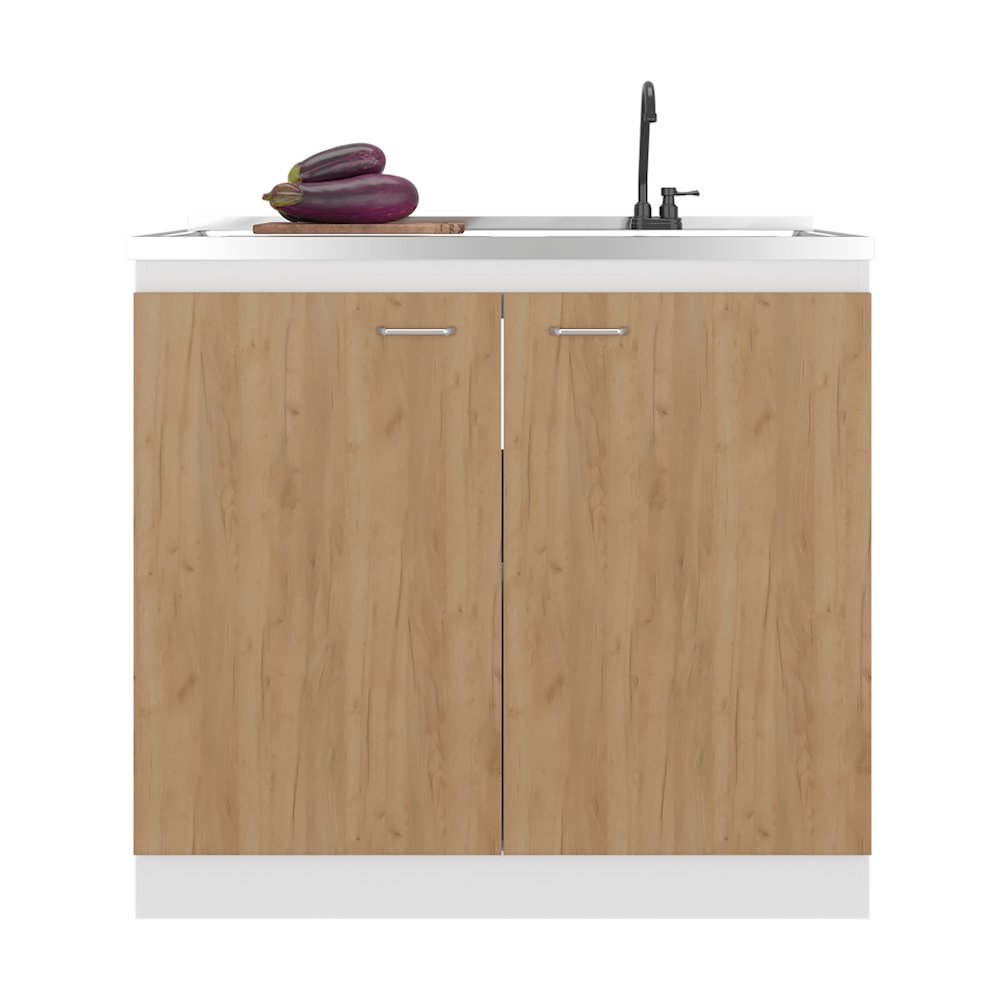 Salento Freestanding Sink, Double Door Cabinet, Two Shelves, White / Natural Oak. Picture 3