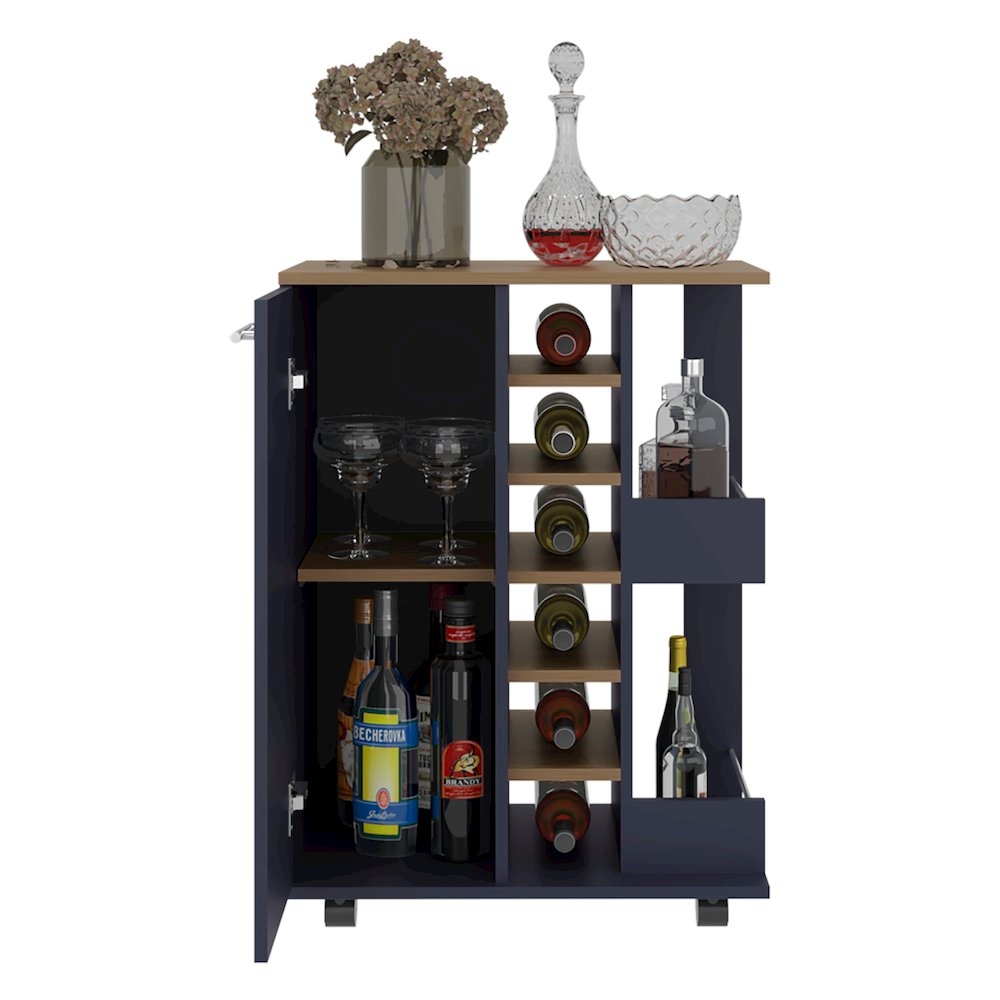 Searcy Bar Cart, 1 Door, 9 Shelves, Alby Blue / Natural Oak. Picture 3