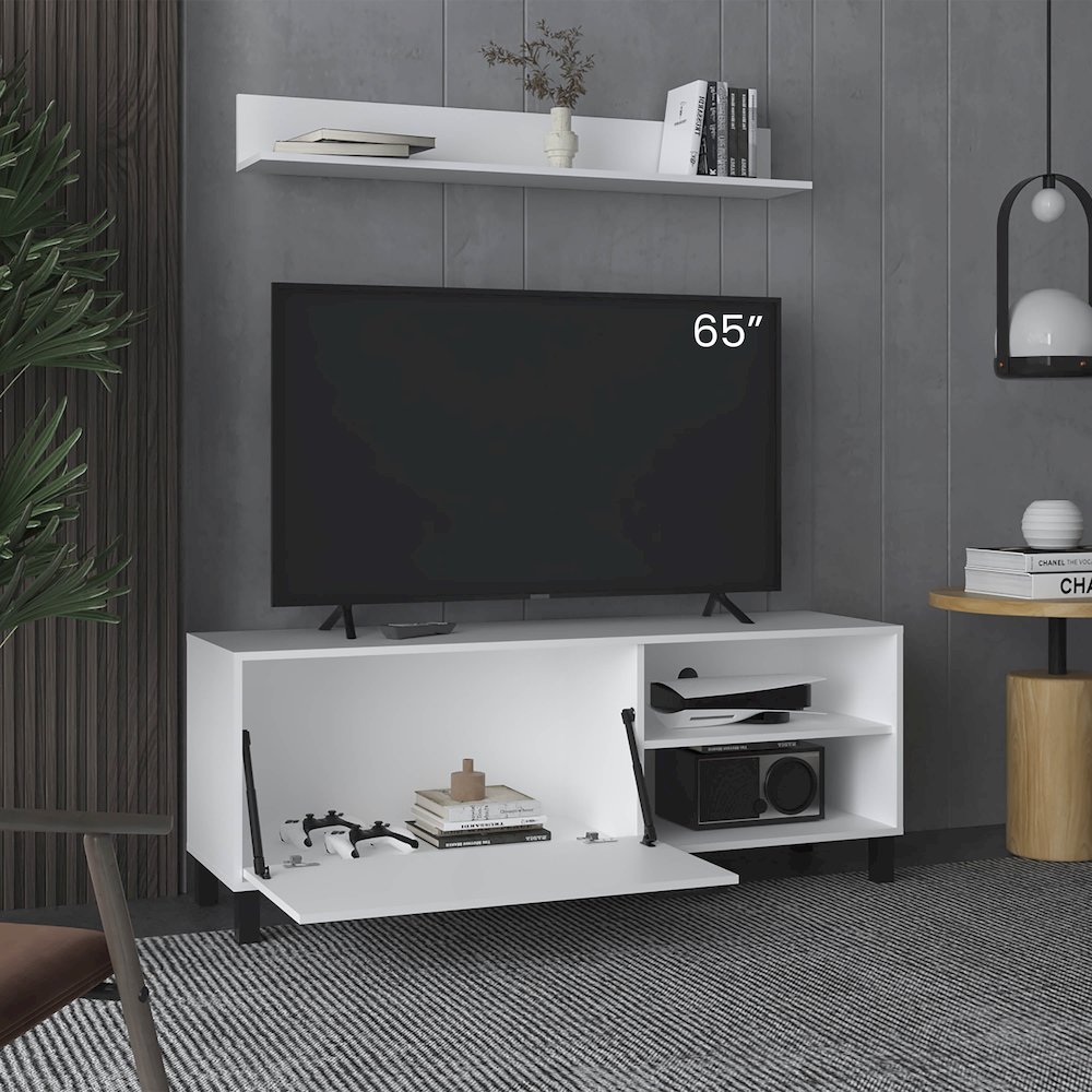 Novi Living Room Set, Tv Stand + Wall Shelf, 1 Door, 3 Shelves, White. Picture 8