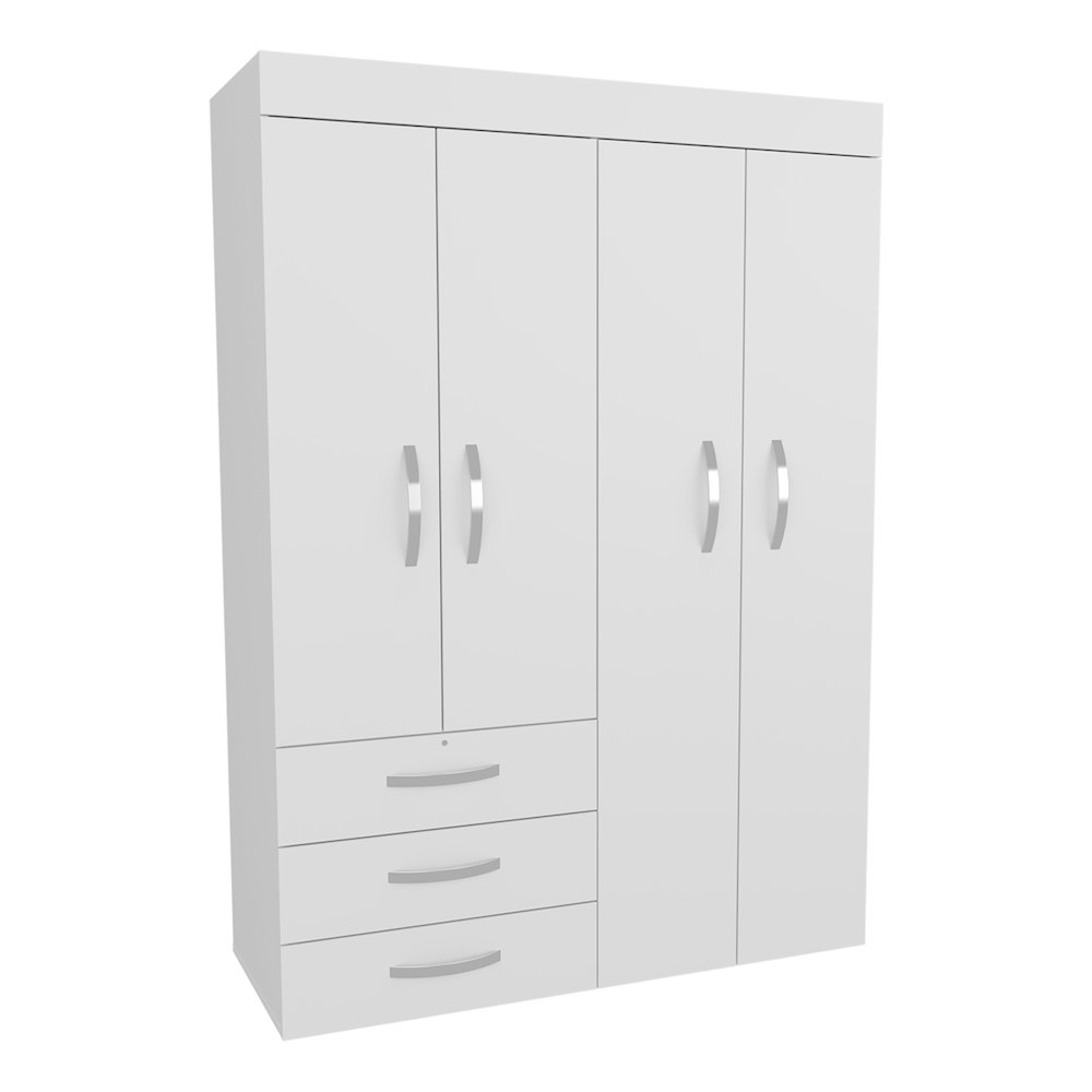 Hamilton Mobile Armoire, Double Door Cabinet, Three Drawers, Two Shelves, White. Picture 2