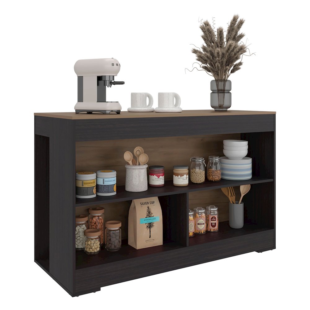 Makoti Kitchen Island 34", 3 Spacious Open Shelves, Black Wengue / Natural Oak. Picture 6