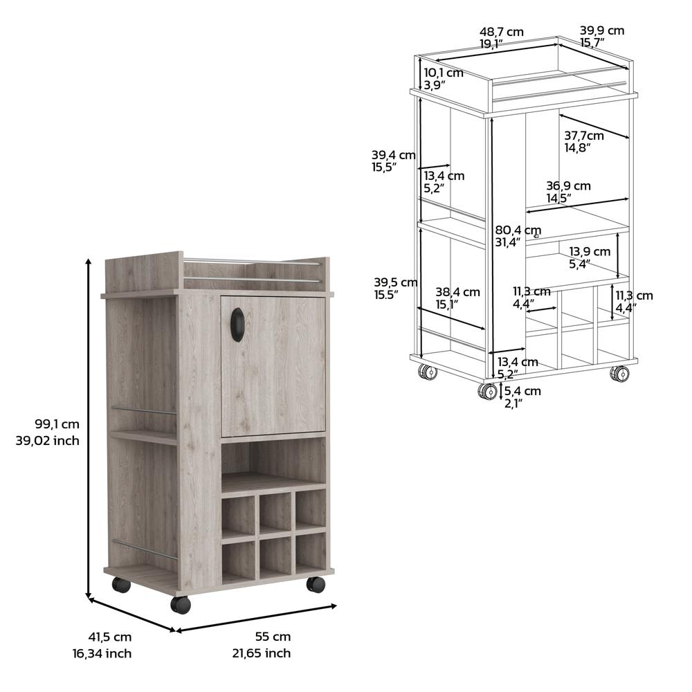 Fraser Bar Cart with 6 Built-in Wine Rack and Casters, Light Gray. Picture 3