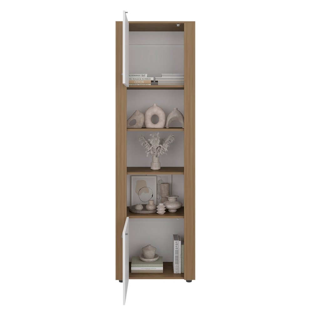 Bookcase with Upper and Lower Doors, Open Display Shelves, Natural Oak / White. Picture 4