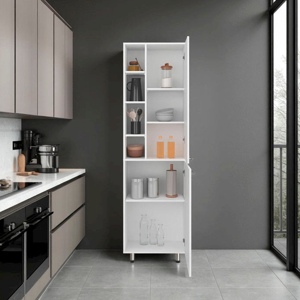 Enetai Kitchen Pantry, 2 Doors, 9 Shelves, 4 Legs, White. Picture 5