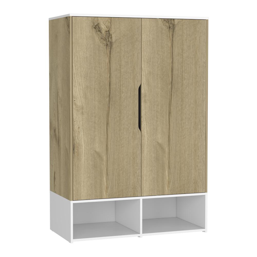 DEPOT E-SHOP Bamboo Armoire-Two Doors, Five Shelves, Hanging Rod, Two Open Shelves-Light Oak/White, For Bedroom. Picture 1