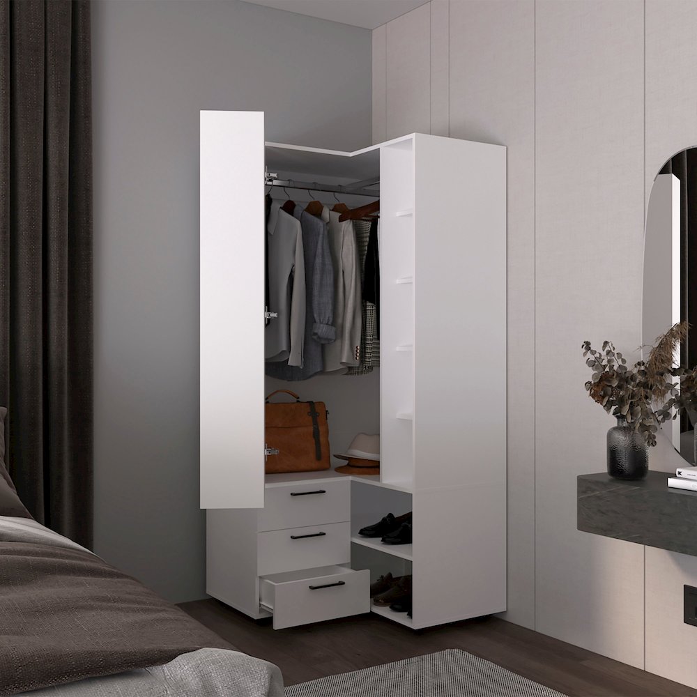 Granger Armoire, 1 Door, 3 Drawers, 7 Shelves, 10 Legs, White. Picture 4