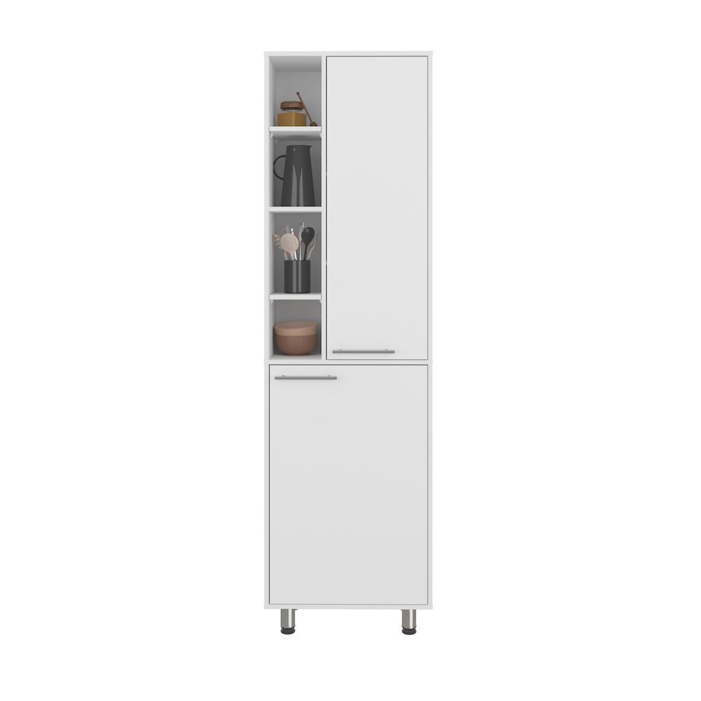 Enetai Kitchen Pantry, 2 Doors, 9 Shelves, 4 Legs, White. Picture 3