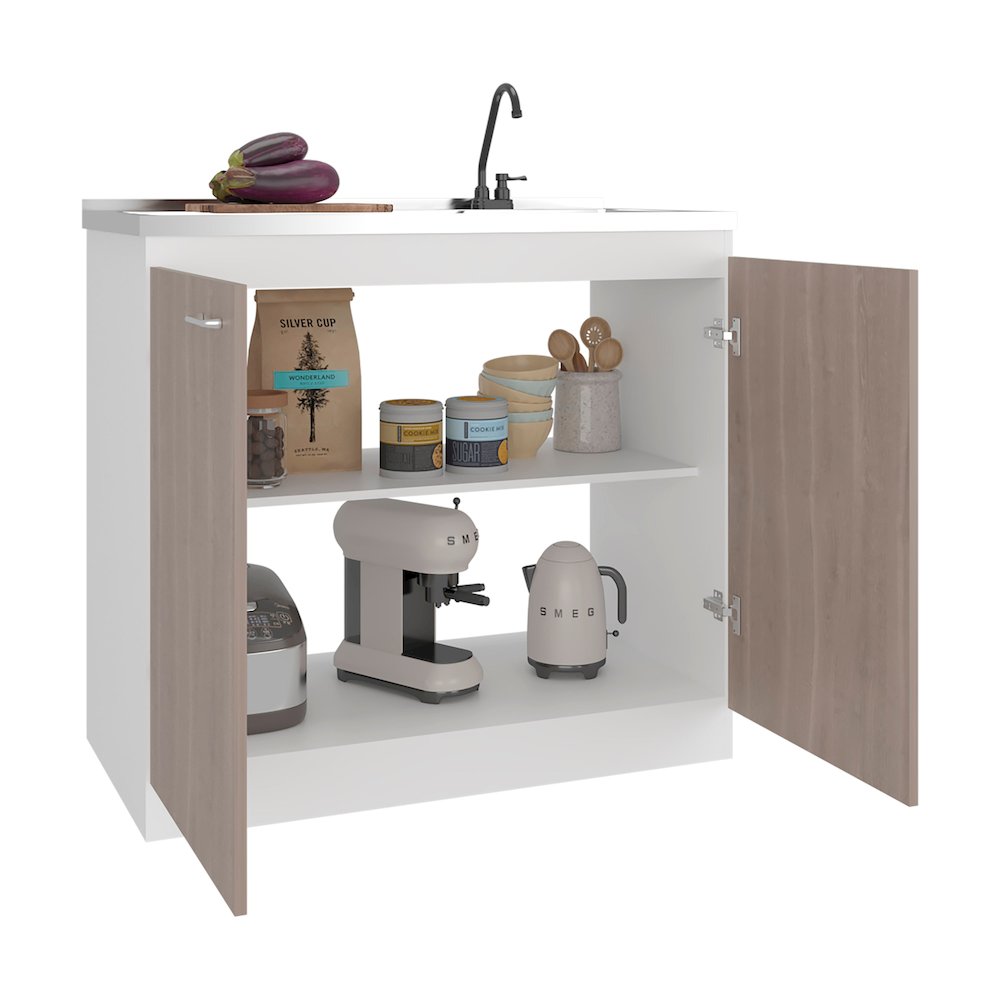 Salento Freestanding Sink, Double Door Cabinet, Two Shelves, White / Ligth Grey. Picture 7
