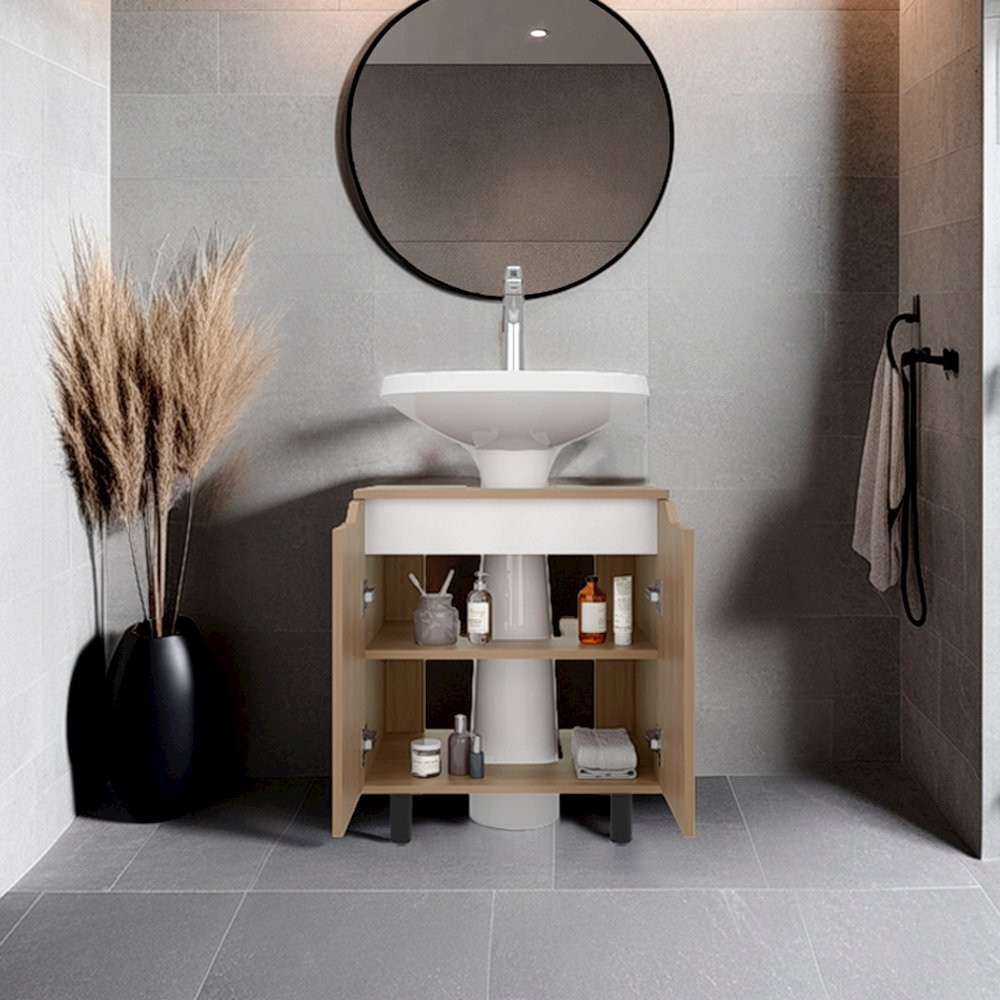 Castalia Under Sink Storage, 2 Doors, 2 Shelves, 4 Legs, Natural Oak. Picture 4