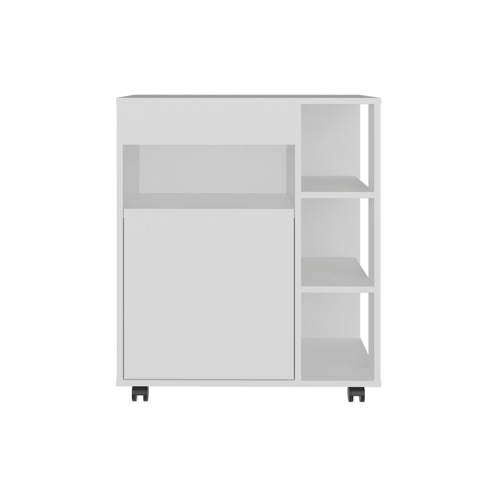 Microwave Cart with 5 Shelves, 1 Door, Cabinet Storage, Rolling Casters, White. Picture 3