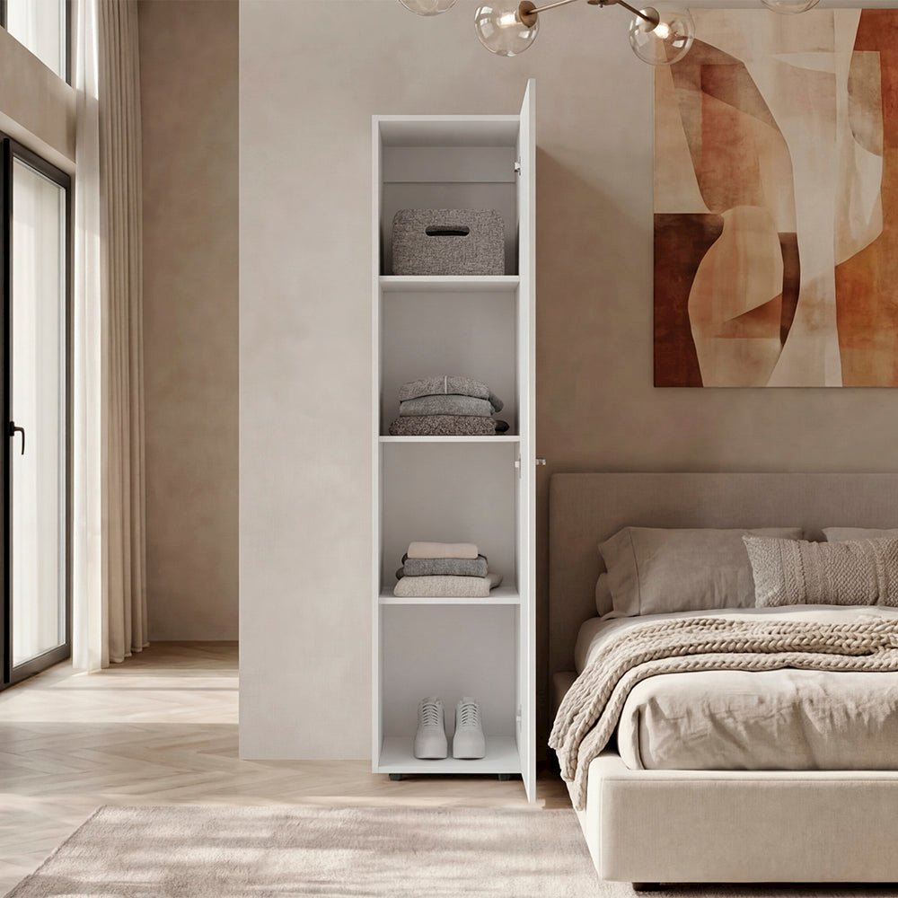 Kotlik 1 Door Wardrobe 67" H with Vertical Storage and Four Shelves, White. Picture 2
