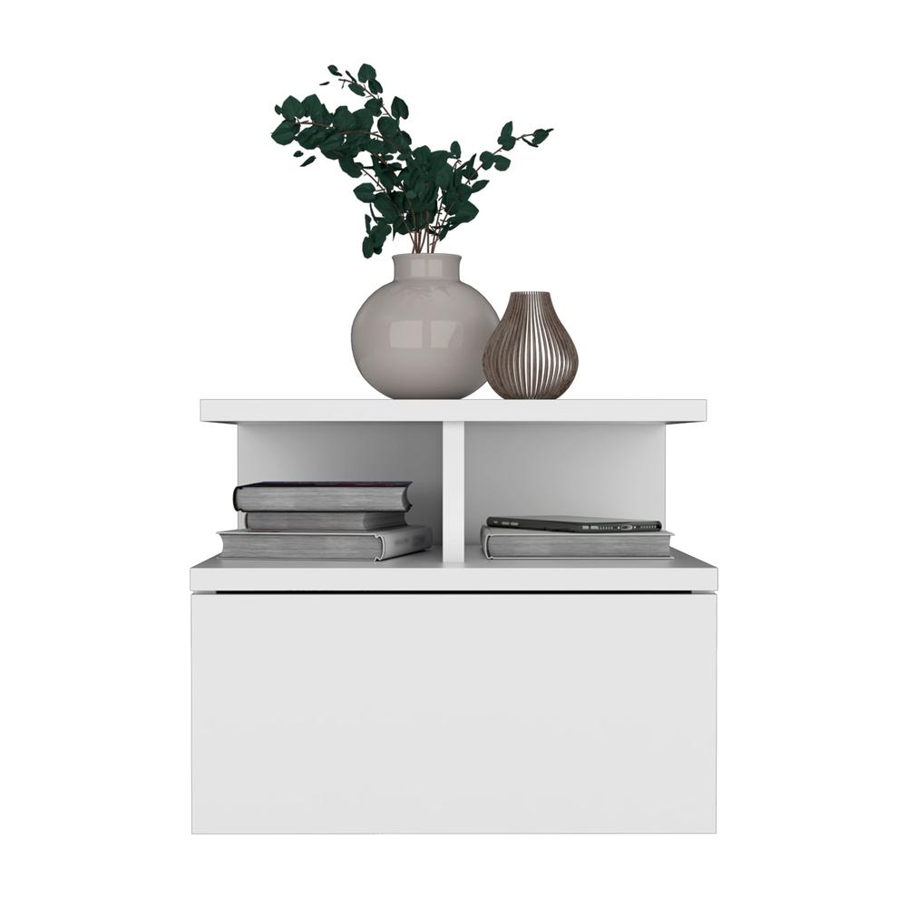 DEPOT E-SHOP Seward Floating Nightstand, Wall Mounted with Single Drawer and 2-Tier Shelf, White. Picture 2