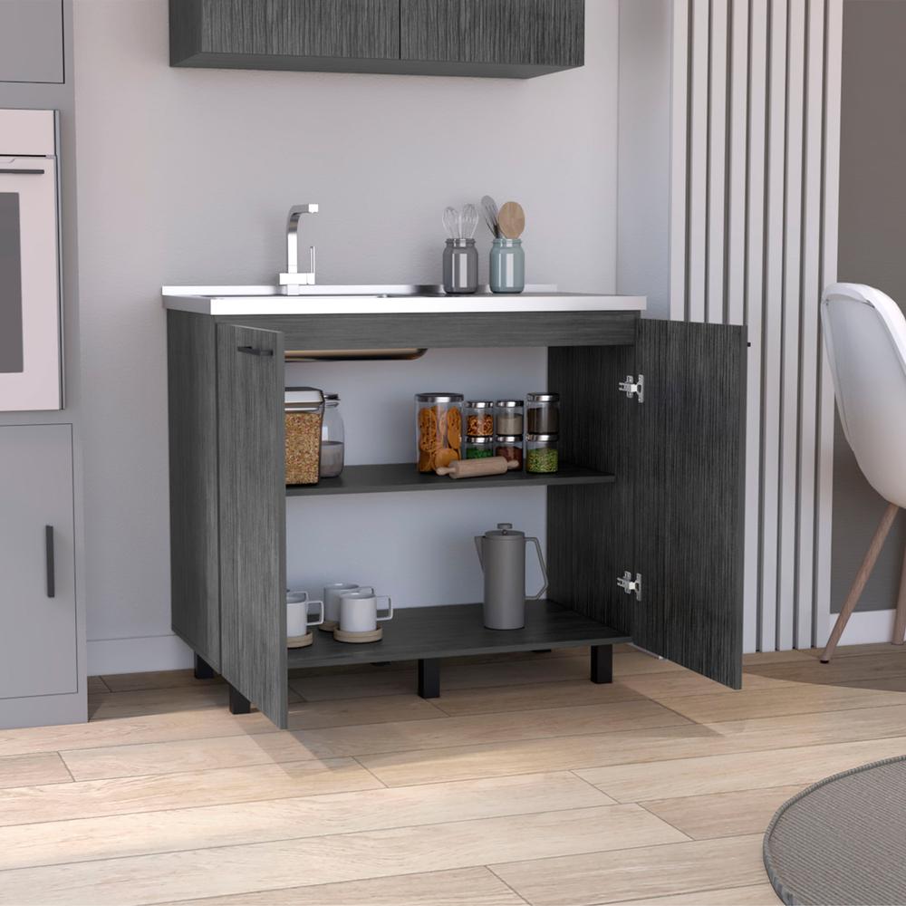 Utility Base Cabinet Stainless Steel Countertop and 2-Door, Smokey Oak -Kitchen. Picture 6