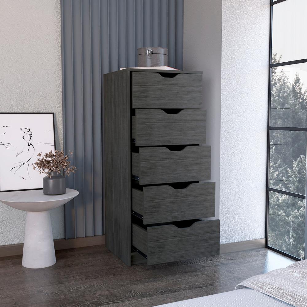 5 Drawers Narrow Dresser, Slim Storage Chest of Drawers, Smokey Oak -Bedroom. Picture 6