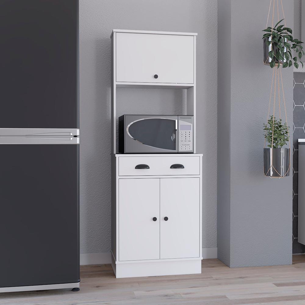 Apex 66.3" H Kitchen Pantry with Drawer, 2 Cabinets, and Microwave Stand, White. Picture 6