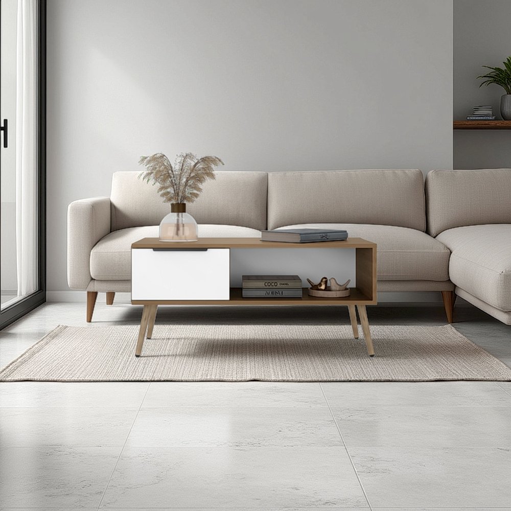 Basset Coffee Table, 1 Drawer, 1 Shelf, 4 Legs, Natural Oak / White. Picture 1